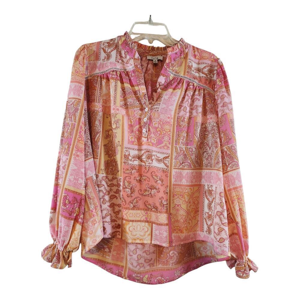 Fate womens blouse sz small pink paisley colorblockā ruffle hippie boho peasant
